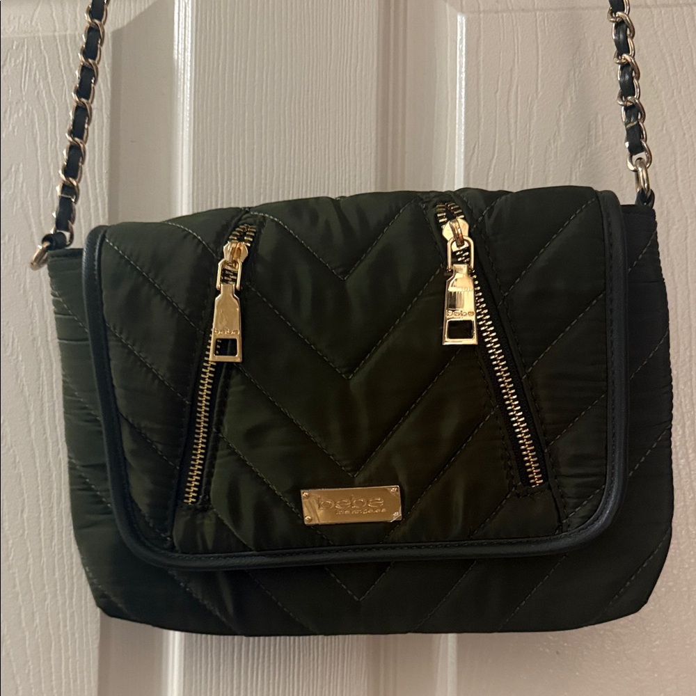 bebe Dark Green Quilted Crossbody Bag with Gold Zippers/ chain